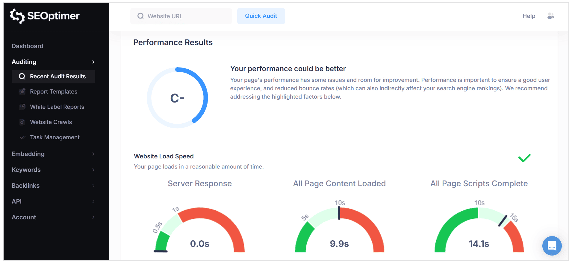 Performance results in SEOptimer audit